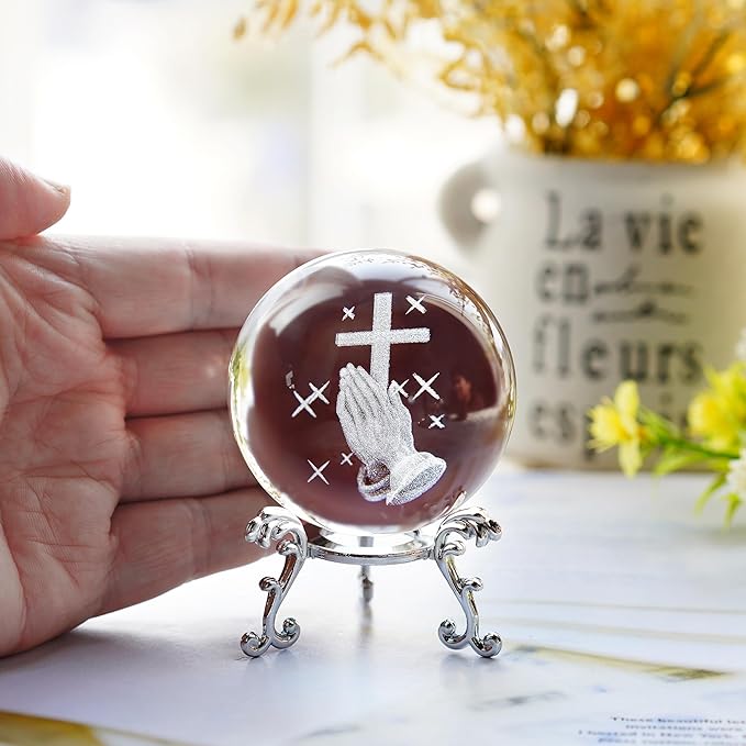 60mm 3D Laser Engraved Hand Holding A Cross Crystal Ball Figurine with Stand Christian Collectible Decoration for Home Office Praying Religious Gifts for Women