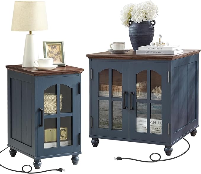 Farmhouse End Table Set of 2 with Charging Station, 18'' Narrow Side Table and 24" Large Sofa Side Table with Glass Barn Door Storage, Wood Night Stand Bedside Table for Living Room,Bedroom