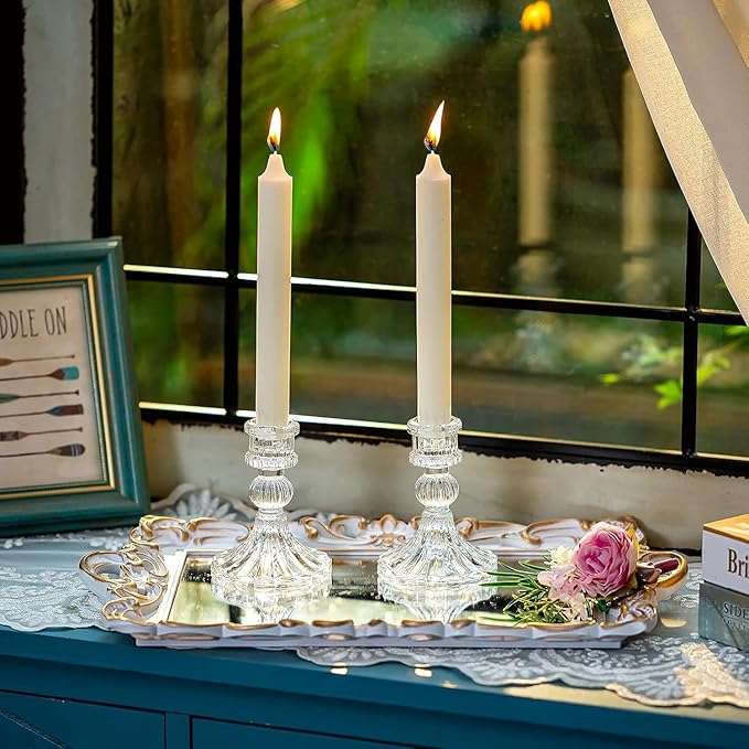 6 Pack Glass Taper Candlestick Holders, Clear Candlestick Holders, 4" H Stripe Crystal Candle Holders Decorative Candle Stand Centerpiece for Wedding, Festival, Dinning Party Table Decor