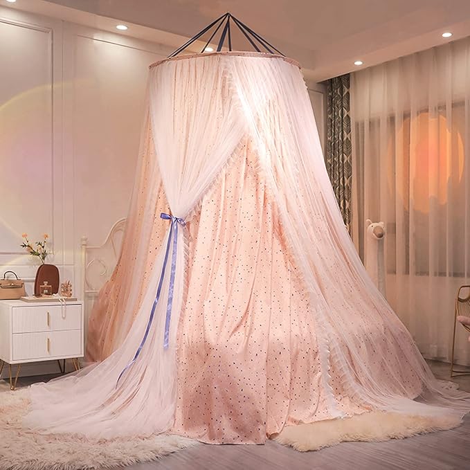 Kertnic Luxurious Bed Canopy for Girls & Adults, Large Elegant Double Layer Bed Curtain Canopy Drapes, Round Dome Lace Princess Canopies Netting (Star)