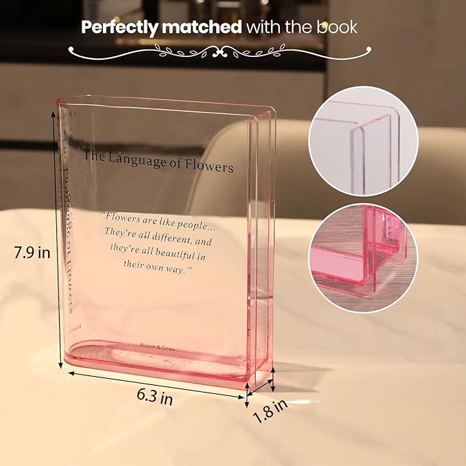 Book Vase for Flowers Home Décor,Artistic and Cultural Flavor Decorative Acrylic Clear Vase for Home and Office,Creative Gifts for Book Lovers (Pink)