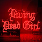 Living Dead Girl Neon Sign Gothic Scary Neon Light Red Letter LED Sign Dimmable Phrase Neon Light Up Signs for Haunted Mansion Halloween Party Horror Room Decor Words Lights Old English Font