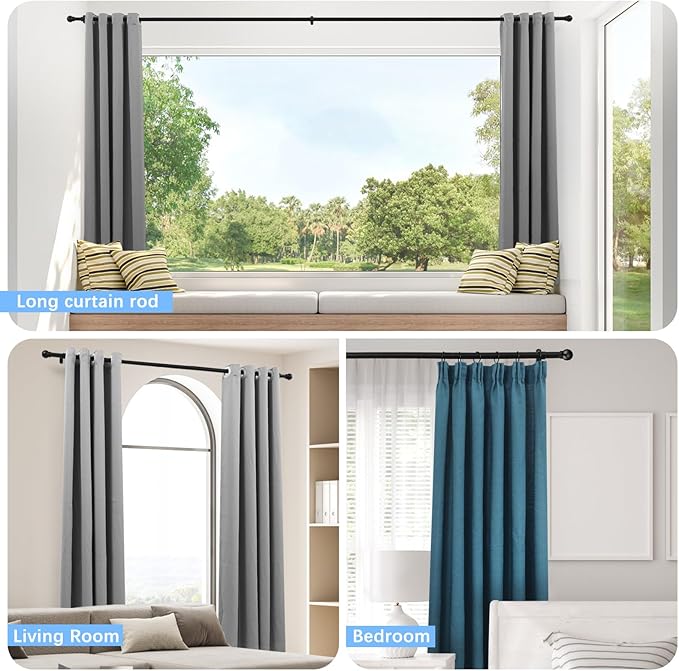 Curtain Rods for Windows 16 to 48 Inches, Curtain Rod Max Adjustable Length of 60 IN, 1" Diameter Drapery Rods Round Finials, Black, Pack of 1