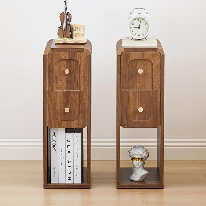 Small Nightstand Set of 2, Wooden Narrow Nightstands with 2 Drawers, Vintage Side End Table for Small Spaces, Skinny Night Stand, Bedside Table for Bedroom, Living Room (Walnut-2PCS)