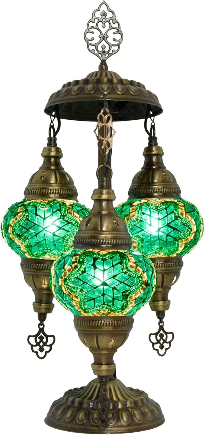 Mozaist Turkish Mosaic Lamp – 3 Globe Tiffany Table Light with Bulb (Turquoise Green)