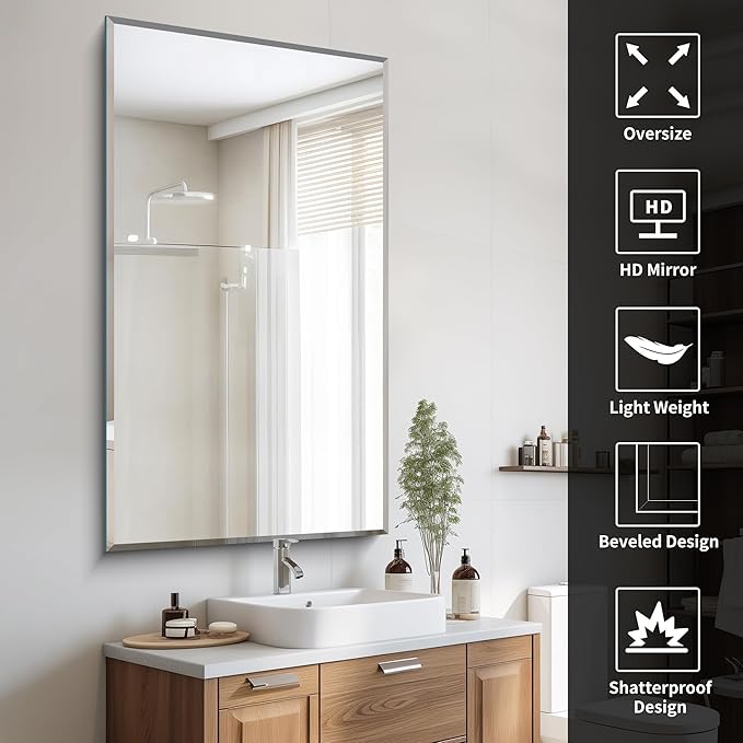 Large Beveled Mirror, 30x55 Frameless Beveled Bathroom Mirrors for Over Sink, Upgraded Shatterproof Beveled Frameless Vanity Mirror for Bathroom,Bedroom,Living Room and Entryway