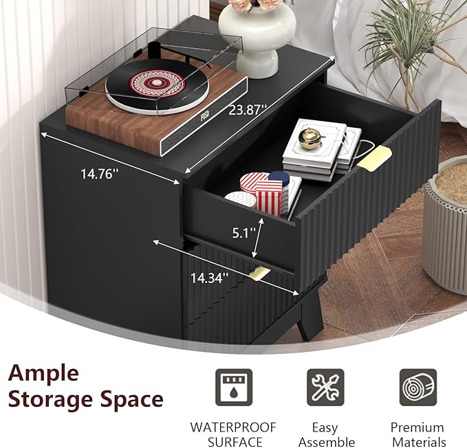 Fluted Dresser for Bedroom,3 Drawer Dresser for Closet,Storage Cabinet and Chest of Drawers with Gold Handle,TV Stand,Storage Organizer for Living Room,Hallway,Entryway,Black