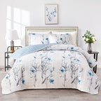 Flysheep Botanical Quilt Set 2 Pieces Twin Size, Blue Flower Branch on White Reversible Bedspread Coverlet Set, Soft Microfiber Lightweight Bed Cover for Kids (68" x 86", 1 Quilt+ 1 Pillow Sham)