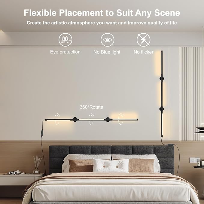 53.2 Inch Wall Lights, 360°Rotatable Wall Sconce, 3 Color Temperatures, Plug-in Dimmable Wall lamp for Bedroom, Living Room（1 Pack）