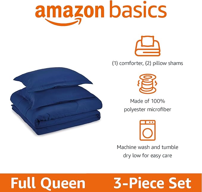 Amazon Basics 3 Piece Microfiber Kid's Comforter and Pillow Sham Set, Full/Queen, Navy, Solid