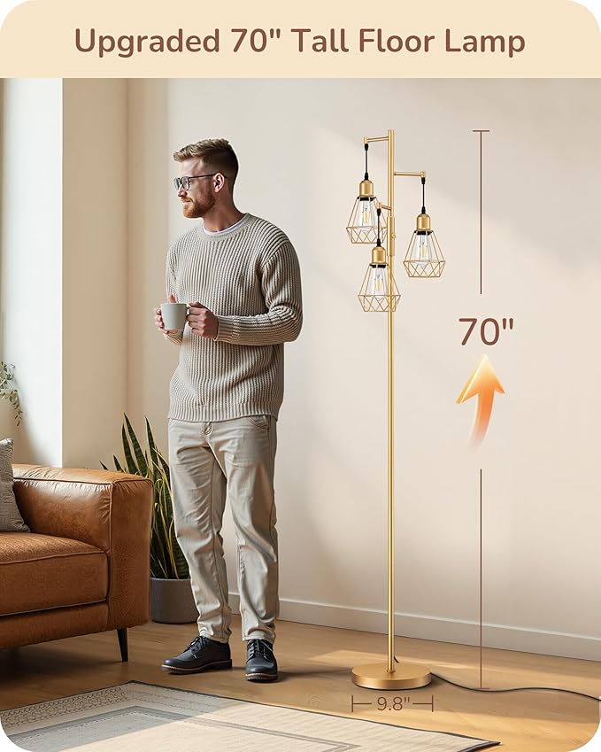 EDISHINE 70'' Dimmable Industrial Floor Lamp, Farmhouse Standing Lamps Diamond-Shaped Lampshade, 3 LED Edison Bulbs Included, Farmhouse Rustic Floor Lamps for Living Room, Bedroom, Office, Gold