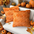 Booque Valley Pumpkin Pillow Covers Set of 2 Soft Plush Faux Fur Wool Fall Decorative Throw Pillowcases for Halloween Autumn Farmhouse Home Decor, 20 x 20 inch, Orange