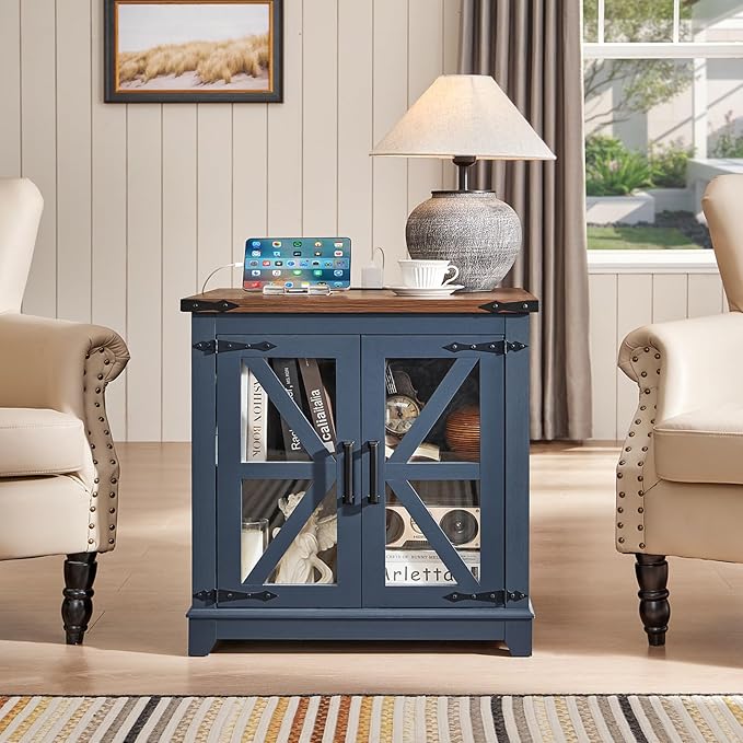 Farmhouse End Table with Charging Station, 24" Large Sofa Side Table with Glass Barn Door, Blue Nightstand with Adjustable Storage Shelf,Wood Square Bedside Table for Living Room,Bedroom