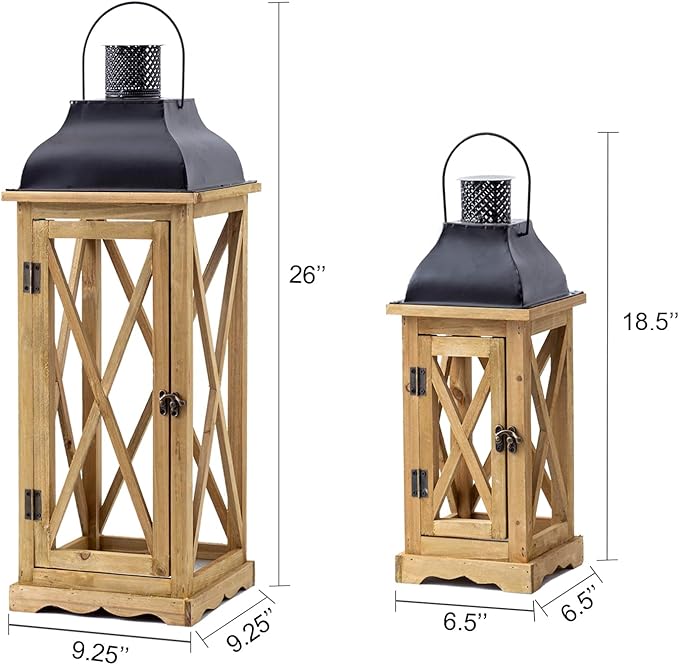 Farmhouse Wooden Metal Candle Lantern Set of 2, Rustic Large Decorative Floor Lanterns, Indoor/Outdoor Hurricane Lantern for Home Decor (No Glass)