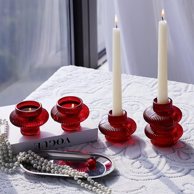 VOHO Vintage Red Candlestick Holders for Christmas Decorations, 6pcs Stackable Candle Stick Candle Holder for Valentines Day Decoration, Ribbed Taper Candle Holders for Candlesticks & Tea Lights