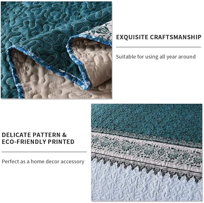 Travan 3-Piece King Quilt Set Quilted Bedspread Oversized Microfiber Soft Lightweight Bedding Set with Shams for All Season, Blue Ocean, King Size