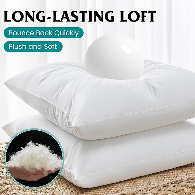 Oubonun 22 x 22 Down Feather Throw Pillow Inserts - Fluffy and Plush Odor-Free Fill - 100% Breathable Cotton Fabric for Couch Sofa Bed, White, Pack of 2