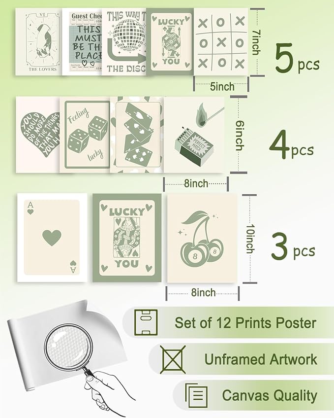 KBKBART Green Lucky Poster Set of 12, Retro Sage Green Playing Card Wall Art, Trendy Green Wall Art Aesthetic Pictures, Poker Room Decor, Funky Ace Card Prints Queen of Hearts Decor, Lucky You Poster for Bedroom Dorm Decor - UNFRAMED