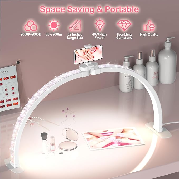 Foldable Large Half Moon LED Light,22" Arch Light with Rhinestone-Encrusted for Table Nail Desk with Phone Stand, Upgrade Arch Light for Nail Techs (White, Small)