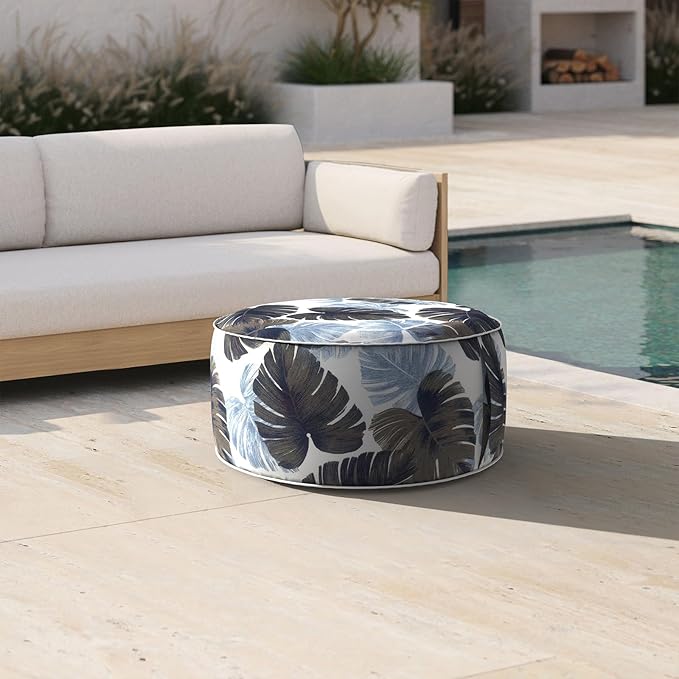 Inflatable Ottoman Stool D21 xH9 for Outdoor/Indoor Use, Water Repellent Patio Foot Rest Stool with Portable Handle,Round Pouf Ottoman Suitable for Garden,Deck and Camping - Monstera Blue