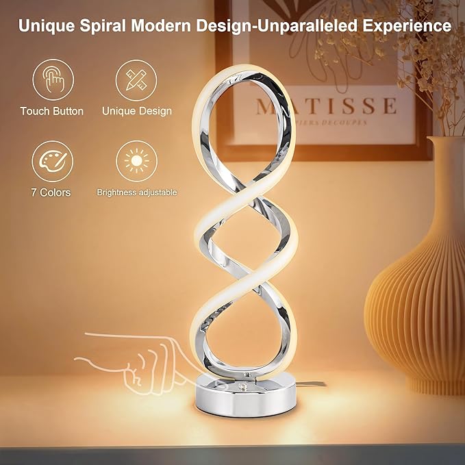 Modern Spiral RGB Table Lamp, Touch Dimmable Bedside Lamp, 7 Colors 10 Light Modes Spiral Design Table Lamp, Unique Nightstand Lamp for Living Room, Bedroom, Cool Lamps, Sliver