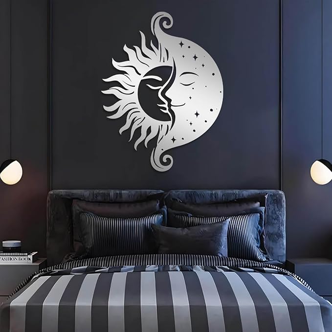 Tuglona Sun and Moon Metal Wall Art, Sun Metal Wall Decor, Moon Wall Art, Boho Wall Decor, Celestial Wall Decoration, Modern Celestial Wall Hanging, Bathroom Wall Hanging (Silver, 35"x27"/90x69cm)