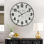 Large Old Town Farmhouse Wall Clock – 24 Inches Rustic Antique Wood with Metal Circle and Large Numerals, Silent Battery Operated Clock for Office, Kitchen, Bedroom, Living Room (Washed White)