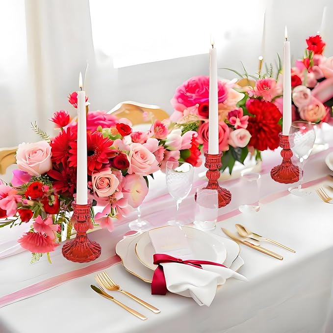 Glass Candlestick Holder,Striped Taper Candle Holders,Set of 6 Candle Stand for Table Centerpieces, Home Decor,Weddings,Festival and Parties (Red Stripe Pattern)