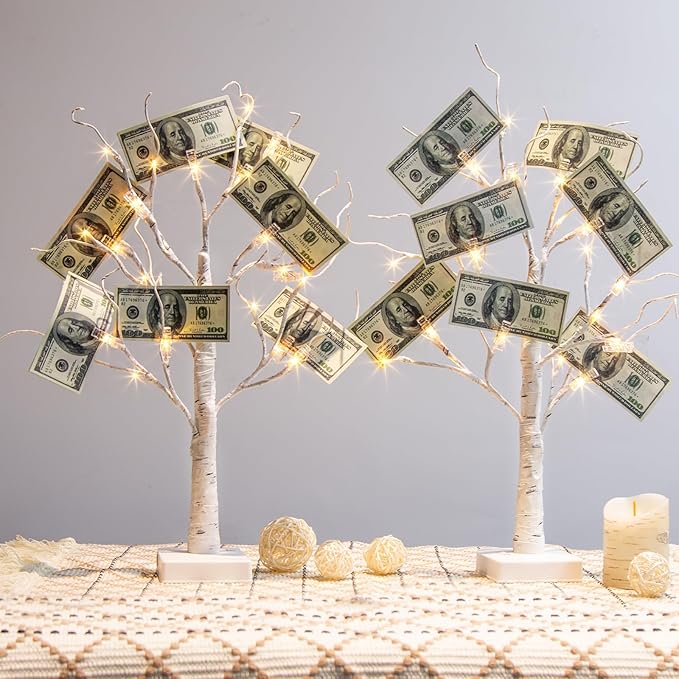 PABIPABI Money Tree Gift Holder, Set of 2 Birch Tree with 12 Clear Clips, Battery/USB Powered Timer Tabletop Trees for Home Party, Christmas, Wedding, Birthday Graduation (Warm White)