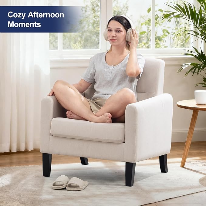 Accent Chair, Mid Century Modern Living Room Chairs Comfy Reading Chair with Upholstered Cushion Relax Armchair for Bedroom Apartment,Office,Begie