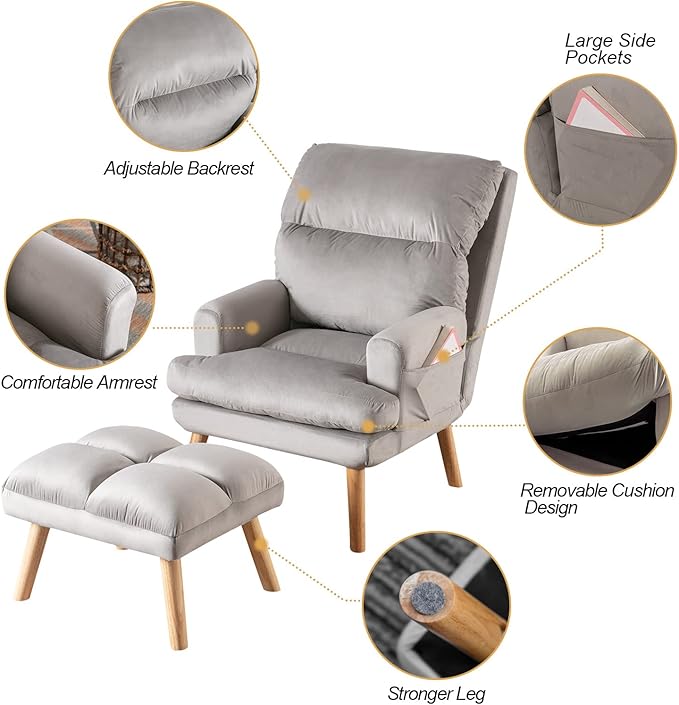 CANMOV Modern Accent Chair with Ottoman, Soft Fabric Armchair with Adjustable Backrest and Side Pockets, Comfy Lounge Chair for Living Room, Bedroom, Apartment, Office, Grey