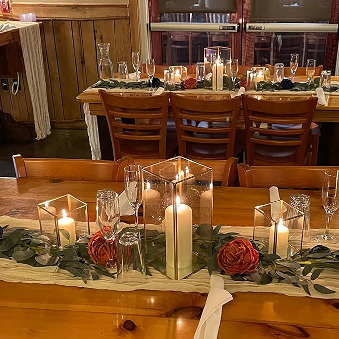 Hewory Glass Hurricane Candle Holder Set of 18, Gold Large Hurricane Centerpiece for Table, Tall Floor Square Pillar Candle Holders Lantern Set for Wedding, Anniversary, Party, Fireplace, Dining Room