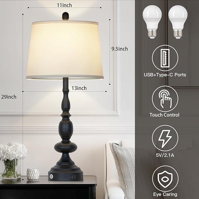 29" Black Modern Table Lamps Set of 2, Industrial Touch Control 3-Way Dimmable Bedside Lamp with USB C+A Ports, Metal Nightstand Lamps for Living Room Bedroom Office Home(2 LED Bulbs Included)
