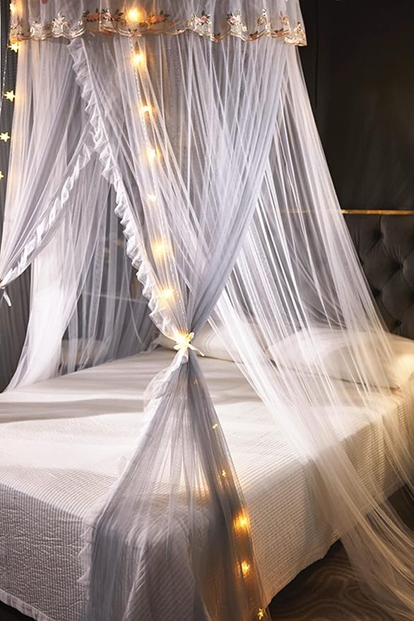 VETHIN Princess Bed Canopy for Girls Double Layer Sheer Mesh Dome Elegant Embroidery Lace Mosquito Net Bed Curtain for Full Queen King Bed with led Stars String Lights(Grey/White)