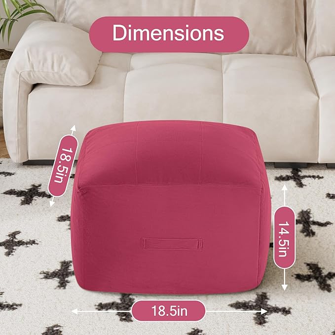MeMoreCool Square Stuffed Pouf Ottoman Foot Rest, Floor Pouf Foot Stool with Foam Chunk Filling, Soft Stuffed Ottoman Footrest for Living Room, Magenta