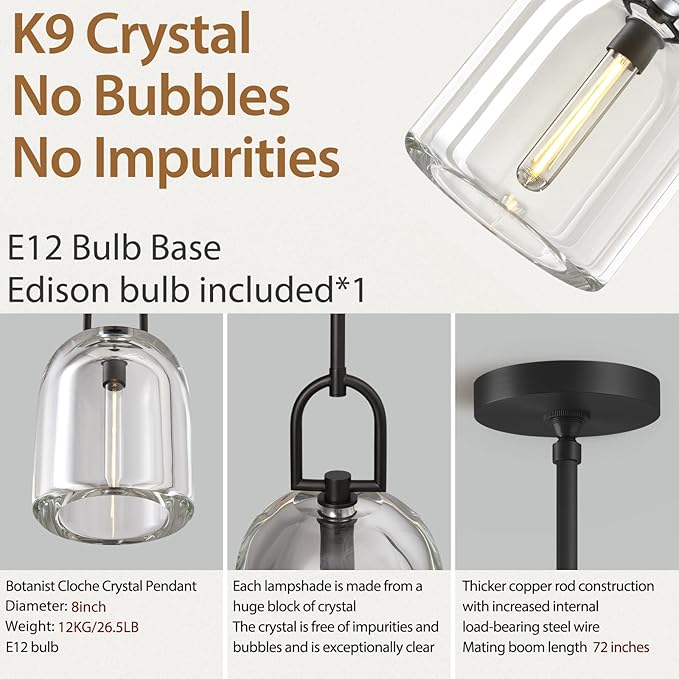 Crystal Black Pendant Light Fixtures, Modern 8inch Pendant Lights Kitchen Island, Island Lights for Kitchen,Crystal and Black Pendant Light, Indoor Pendant Lighting,E12 Bulb Included