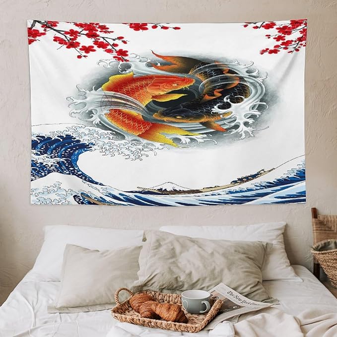 Houselerax Koi Fish Tapestry, Japanese Style Yin Yang Big Wave Cherry Blossoms Tapestries Wall Hanging for Bedroom Living Room Office Decor 60"x40"