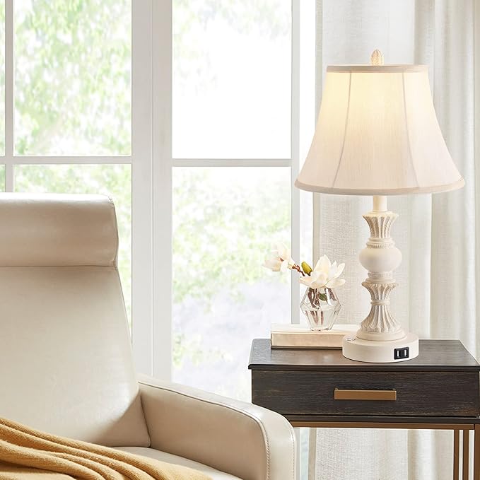 Touch Control Table Lamp Set of 2, 3-Way Dimmable Bedside Lamp with 2 USB Charging Ports, French Country Style Nightstand Lamps with Faux Silk Shade for Living Room, Bedroom - Antique White