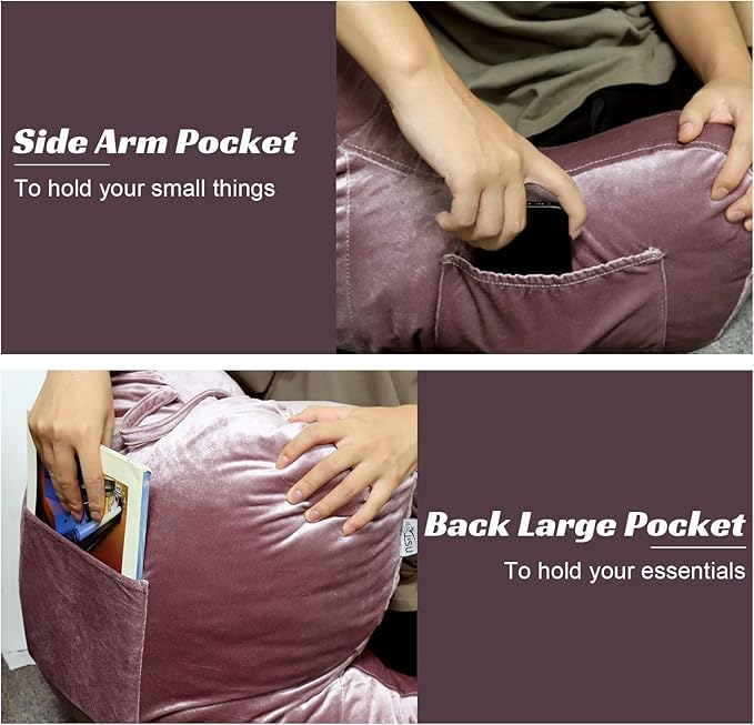 Reading Pillow Adults 31’’, Backrest Pillow with Arms for Sitting in Bed Couch Shredded Memory Foam, Back Pillow with Leg Pillow and Pockets for Reading/Gaming/Relaxing