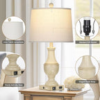 Farmhouse Lamps Set of 2, Vintage Rustic 3-Way Dimmable Touch Control Table Lamp with USB A+C Charging Ports & AC Outlet, Retro Resin Bedside Lamp Linen Shade for Bedroom Office Antique White