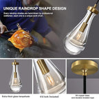 Raindrop Pendant Light Fixtures Set of Two, Brass Glass Pendant Lighting, Teardrops Pendant Lights Kitchen Island, Indoor Pendant Light for Kitchen Island Bedroom Bathroom, Included Bulb