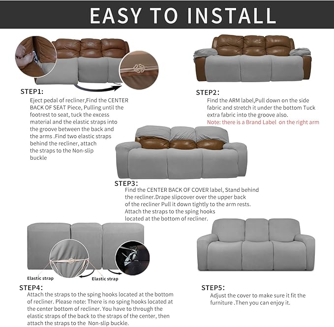 Easy-Going 8 Pieces Recliner Sofa Stretch Sofa Slipcover Sofa Cover Furniture Protector Couch Soft with Elastic Bottom Kids, Spandex Jacquard Fabric Small Checks Light Gray