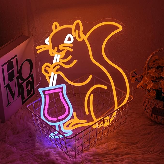 Squirrel Cocktail Neon Sign for Wall Decor, Orange Squirrel Neon Light, USB Powered Animal Cocktail Bar Led Light Up Sign for Bar, Bedroom, Man Cave, Business, Game Room