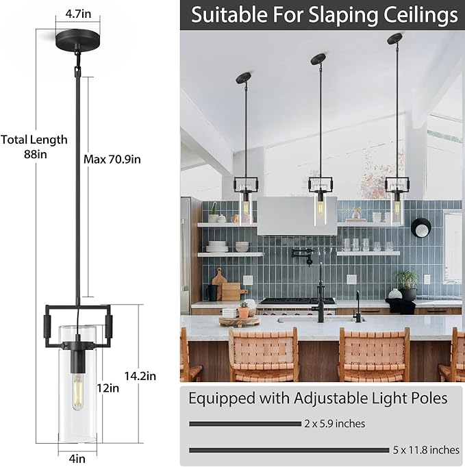 Black Pendant Lights Kitchen Island, Modern Glass Knurled Pendant Light,12Inch Copper Kitchen Pendant Lighting Over Island,Farmhouse Island Lights For Kitchen Sink,Bathroom,Bedroom,Included E26 Bulbs