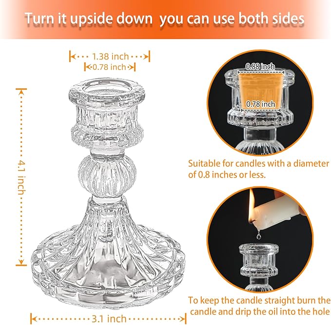 Glass Candlestick Holder,Striped Taper Candle Holders,Set of 6 Candle Stand for Table Centerpieces, Home Decor,Weddings,Festival and Parties (Clear Stripe Pattern)