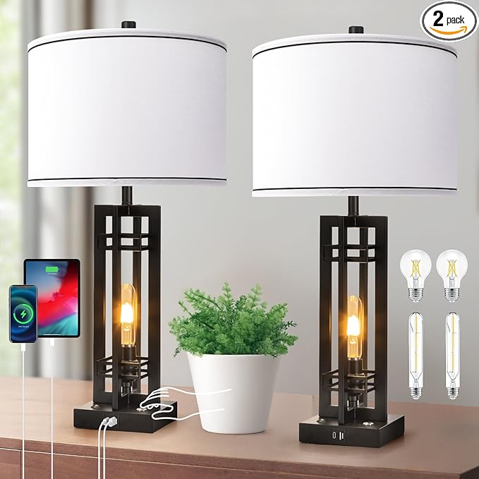 27" Touch Control Farmhouse Table Lamps, Set of 2 Tall Rustic Table Lamps 2-Light Design with USB A+C Ports, Bedside Lamps with White Shade for Living Room Home Office, 4 LED Bulbs Included
