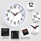 Wall Clock Modern 10 Inch Battery Operated Silent Non Ticking Analog Clock Decorative for Bedroom Kitchen Bathroom Office Home (White)