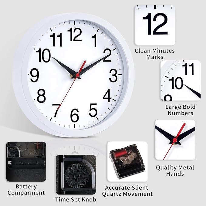 Wall Clock Modern 10 Inch Battery Operated Silent Non Ticking Analog Clock Decorative for Bedroom Kitchen Bathroom Office Home (White)