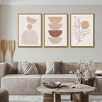 Bwodke Framed Boho Canvas Wall Art Large Mid Century Modern Prints Set of 3 Neutral Geometric Line Leaf Paintings Decor Minimalist Abstract Pictures Bedroom Living Room Bathroom