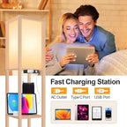 OUTON Floor Lamp with Shelves, LED Shelf Floor Lamp with 1 USB & 1 Type C Ports, 1 AC Outlet, 3 Color Temperature, Storage Display Wood Column Tall Standing Lamp for Living Room, Bedroom Office, Wood